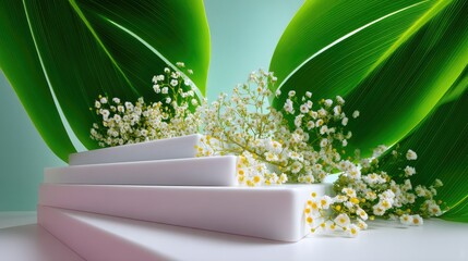 White and Pink Product Display Platform with Green Leaves and White Flowers