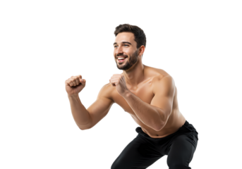Happy Shirtless Man Celebrating Success Achievement Victory on Transparent background
