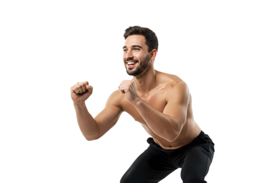 Happy Shirtless Man Celebrating Success Achievement Victory on Transparent background