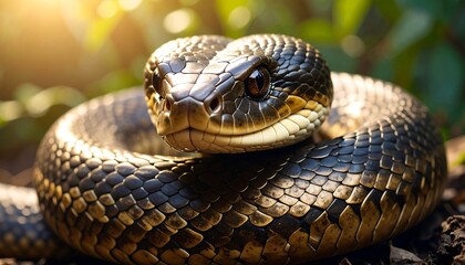 Obraz premium Close-up of a dark snake coiled, sunlit background