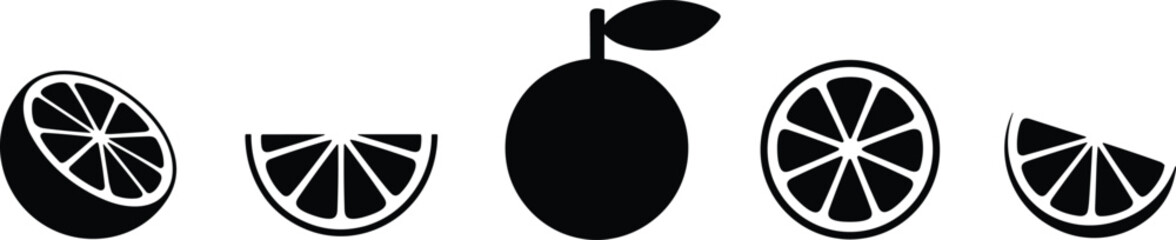  Black Citrus Fruit Icons, Including Whole Orange or Lemon, Halves, and Slices, Perfect for Healthy Eating and Food Themes, Flat Vector Illustration