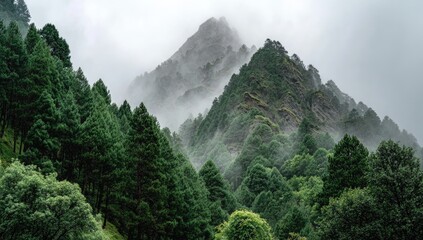 Misty mountain range, lush forest