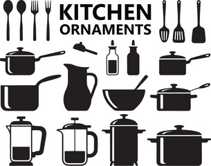 Kitchen utensils vector set with silhouettes of spoon fork knife pan and other cooking tools