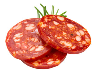 Sliced Spanish pork chorizo sausage isolated on transparent png
