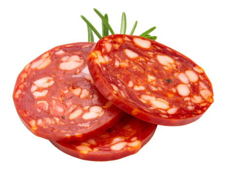 Sliced Spanish pork chorizo sausage isolated on transparent png