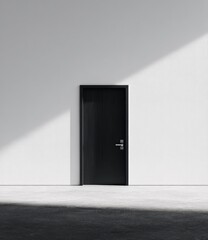Black door on white wall, sunlight