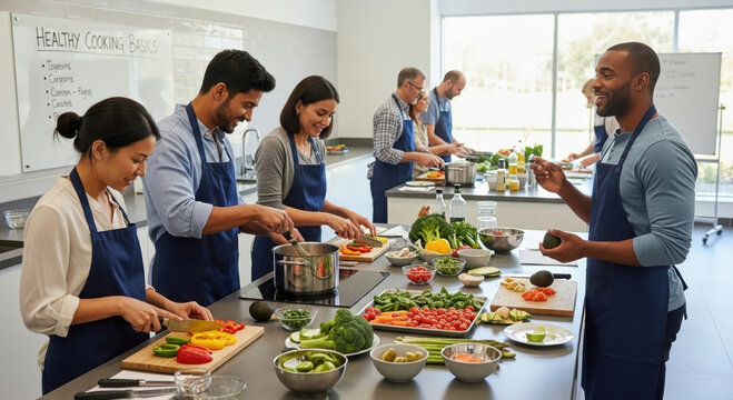 Longevity habits inspire healthy cooking cheerful group kitchen - Powered by Adobe