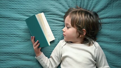 Young Child Lies On Teal Surface Reading Braille Book in a Top Down Close Up Portrait - Powered by Adobe