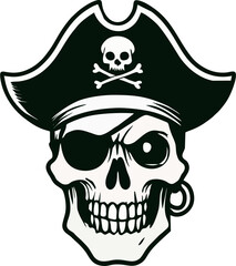 Black and White Pirate Skull with Eye Patch, Hat, and Earring Illustration