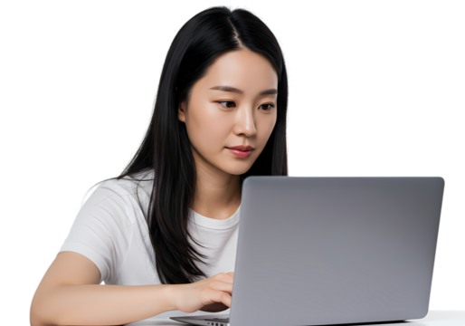 Focused Young Woman Working on Laptop Computer on Transparent background