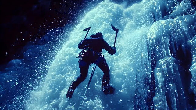Climber ascending frozen waterfall - Powered by Adobe