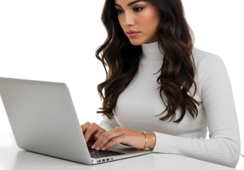 Focused Young Woman Working on Laptop Professional Female Using Computer on Transparent background
