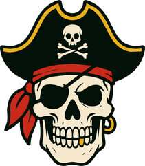 Colorful Pirate Skull with Eye Patch, Bandana, Hat, Earring, and Gold Tooth Illustration