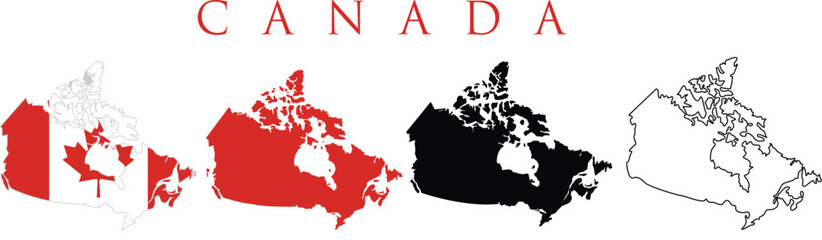 Set of isolated Canada maps in original, silhouette and outline. Canada flag overlaid with flag proportions. Maps and traveling around the world
