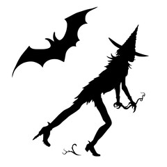a halloween witch and bat silhouette on a white background