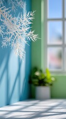 White Plant Branch in Sunlit Room with Blue and Green Walls
