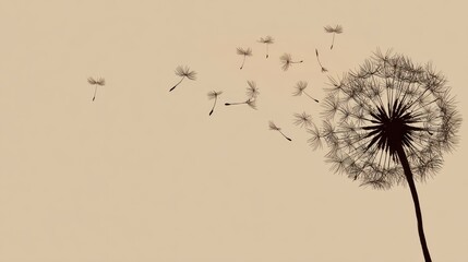 Dandelion seeds blowing in wind, sepia tone