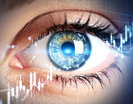 Close-up of a human eye overlaid with data visualizations - Powered by Adobe