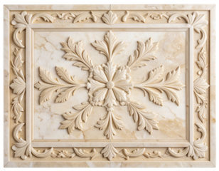 Close-Up Top-Down View of Beige Marble Tile with Carved Botanical Border Design