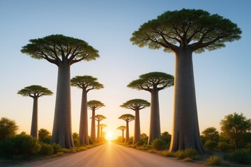 Majestic baobab trees line a dirt road at sunrise with golden light casting long shadows in a serene natural landscape background. Ai generative