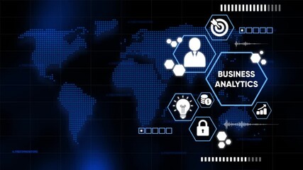 Digital business analytics infographic showing global data analysis and financial progress - Powered by Adobe