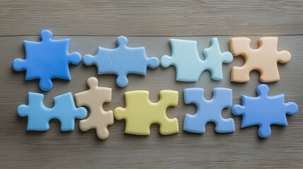 Obraz premium Jigsaw puzzle pieces arranged on wooden table, representing partnership through interconnected shapes.
