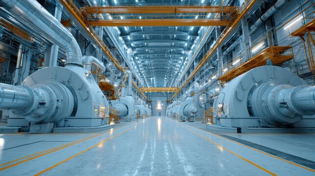 Turbine hall view. Equipment inspection. Powerplant interior. Industry. Energy