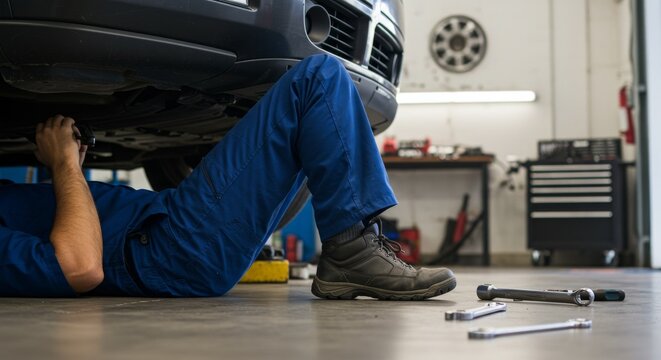 Technician in Blue Coveralls Performing Vehicle Inspection Beneath Front Bumper Inside Auto Garage