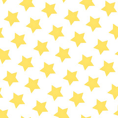 A repeating pattern of bright yellow five pointed stars scattered across a clean white background creating a cheerful and festive visual element isolated on white background