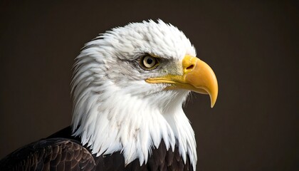 Obraz premium Close-up profile of a bald eagle, sharp focus on its head and beak against a blurred dark background