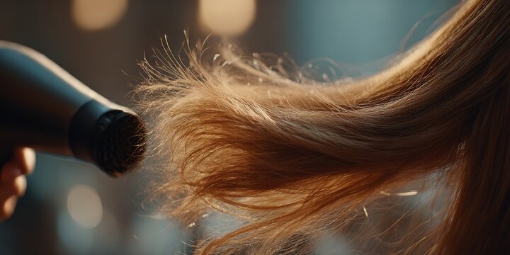 Hairdresser drying long blond hair with hair dryer in salon