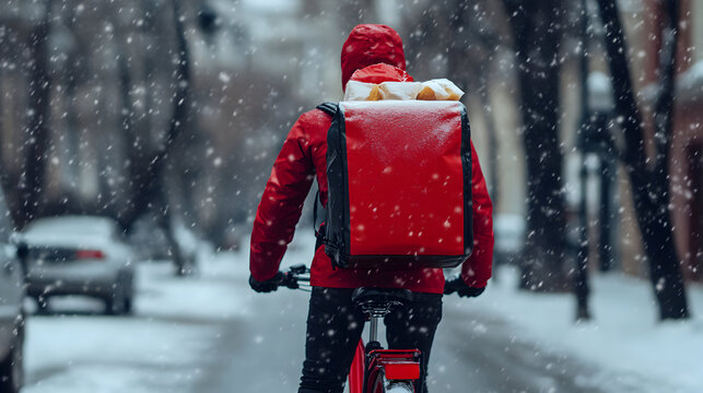 Delivery person on bicycle in snow