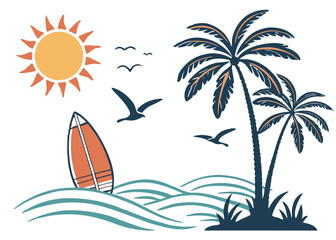 Obraz premium Stylized Tropical Flat Icons with Sun, Sea Waves, Surfboard, Palm Trees on an Island, and Flying Birds