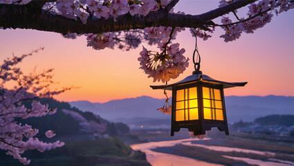 Fototapeta premium Japanese Garden with Cherry Blossoms and Lantern at Sunset Serene Landscape of Springtime in Japan