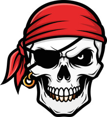 Colorful Pirate Skull with Red Bandana and Gold Earring - Vector Illustration