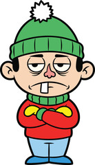 Cartoon character wearing green pom-pom hat, red sweater, blue pants, crossed arms, winter clothing illustration, isolated cute design, vector art