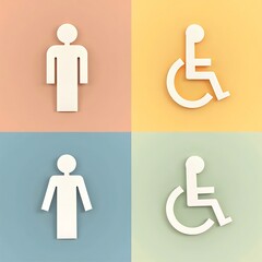 Restroom Signs Featuring Figure and Accessibility Symbols on Pastel Color Blocks