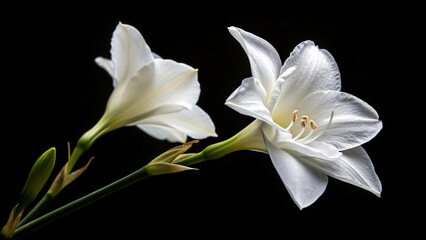 Delicate white lily flowers bloom gracefully against a deep black background