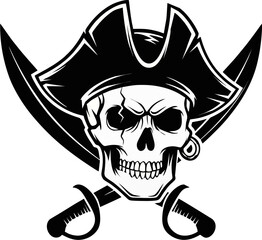 Pirate Skull with Tricorne Hat and Crossed Swords - Vector Illustration

