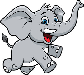Cartoon elephant, happy cute elephant, funny baby animal illustration, gray elephant vector, smiling elephant running, jungle wildlife art