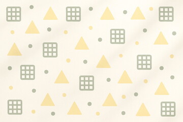 セージグリーンとイエローの幾何学パターン ー 三角形と格子、ドットを散りばめた幾何学背景。印刷物やWeb、包装紙、壁紙に。 