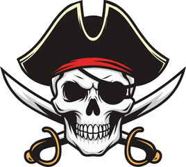 Pirate Skull with Eyepatch, Tricorne Hat, and Crossed Cutlasses - Vector