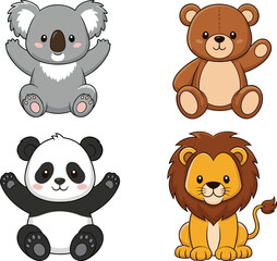 Cute cartoon animal group, koala, teddy bear, panda, lion characters sitting together, children’s book illustration, nursery decor, vector clipart, adorable design