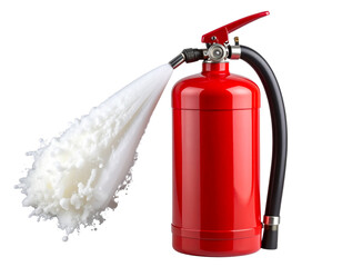 Obraz premium Fire Extinguisher in Action with Spray of White Foam, Dynamic Diagonal View, Isolated
