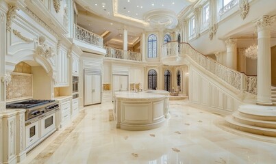 Grand, opulent kitchen and staircase in a lavish estate. Interior of a palatial home showcasing a light cream-colored kitchen with ornate details, a grand staircase, and high ceilings