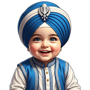 Adorable sikh baby boy wearing a blue and white turban isolated on transparent background