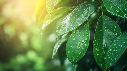 Fresh green leaves glistening with raindrops in bright sunlight create a serene, natural feeling