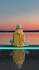 Woman Contemplating Sunset Over Lake