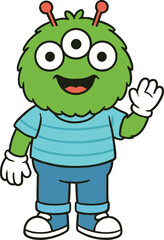 Friendly green alien with three eyes, cartoon character waving hand, playful extraterrestrial illustration, mascot design, children's fun book art