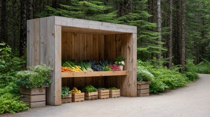 Wooden vegetable stand displaying fresh produce in a serene forest setting, surrounded by lush greenery and natural elements, inviting local shoppers